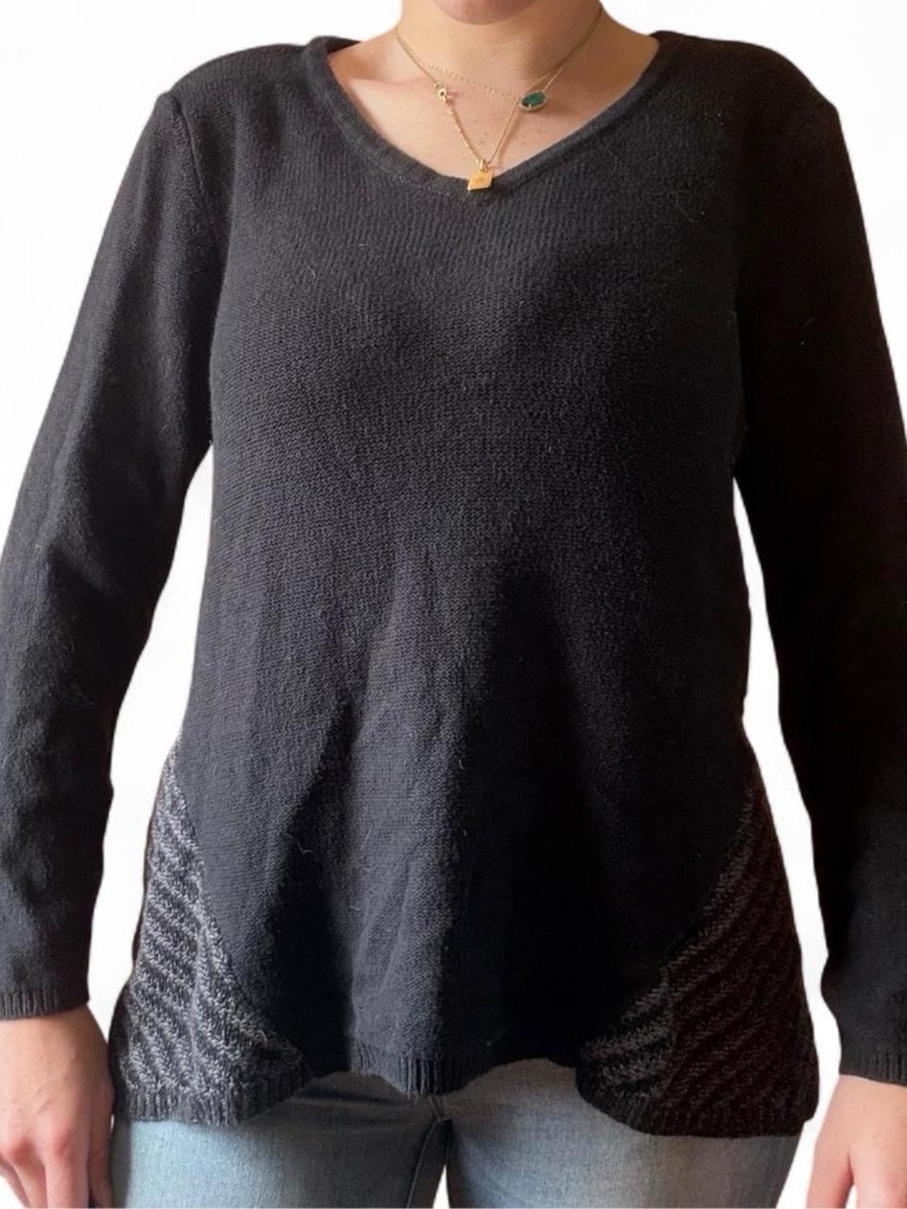 Black V-Neck Long Sleeve Sweater with Textured Side Panels